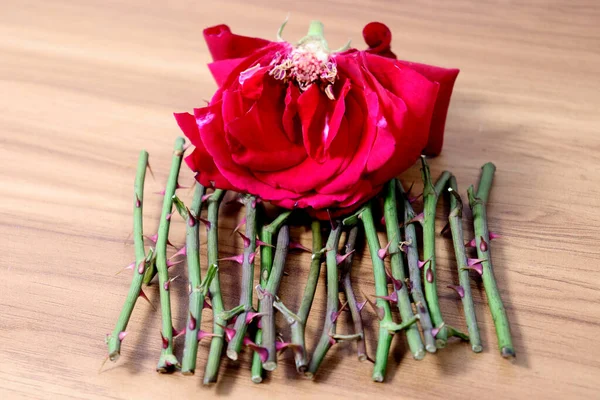 Caldo Espinho Rosa Com Rosas Divididas Mesa Madeira — Fotografia de Stock