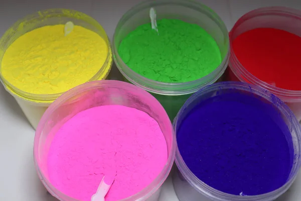 Multiple Colored Powder Stock Plastic Pot Holiday — Stock Photo, Image