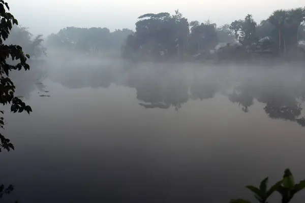 Vista Lago Bosque Con Primer Plano Del Cielo Una Mañana — Foto de Stock