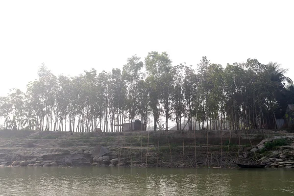 Stock Bateaux Bois Couleur Noire Sur Lac Avec Nature — Photo