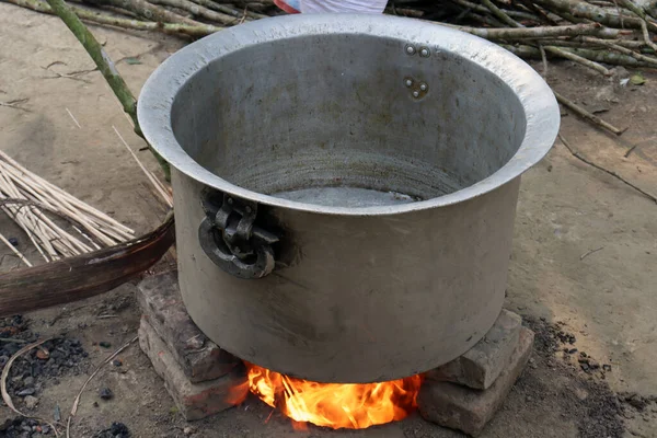 Fire Jute Stick Burner Pan Cooking Stock Image