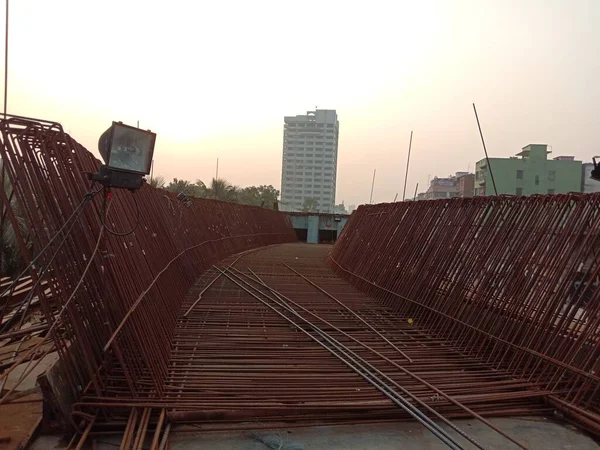 Железный Стержень Сумасшедшая Структура Фундамента Эстакады Зданием Бангладеш — стоковое фото