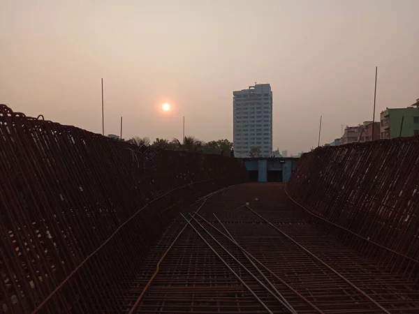Železná Tyč Šílený Základ Konstrukce Přeletu Budovou Bangladéši — Stock fotografie