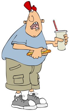 Bir sosisli sandviç ve gazoz tutan adam