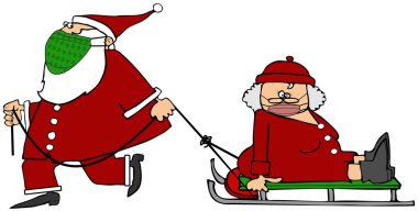 Noel Baba 'nın Noel Anne' yi maske takarken kızağa çektiğini hayal et..