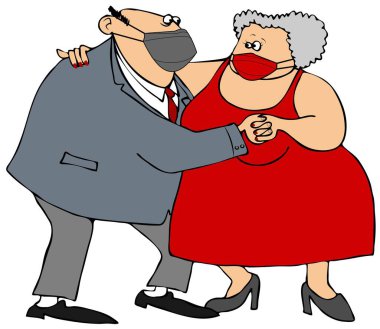 Kıdemli bir çiftin yüz maskesi takıp dans edişinin resmi..