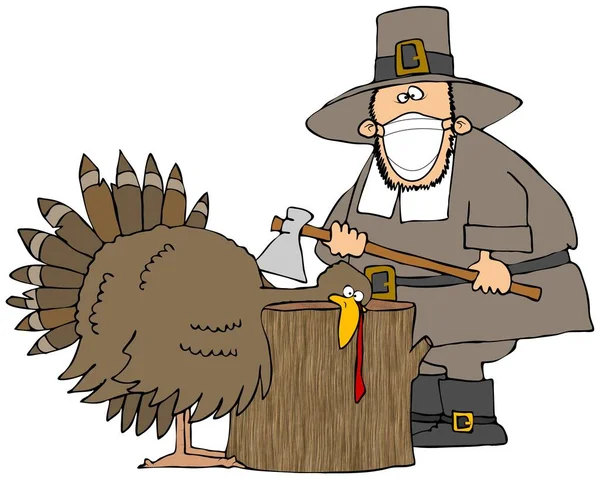 Illustration Male Pilgrim Cut Head Turkey Thanksgiving Dinner While Wearing — Stock Photo, Image