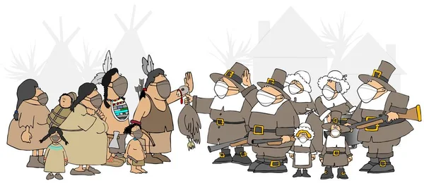 Ilustracja Spotkania Pielgrzymów Rdzennych Amerykanów Podczas Pierwszego Świątecznego Obiadu Maskach — Zdjęcie stockowe