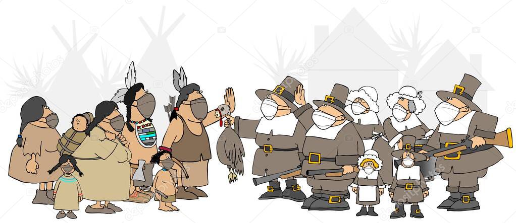 Illustration of Pilgrims and Native Americans meeting to have the first Thanksgiving dinner while wearing face masks.