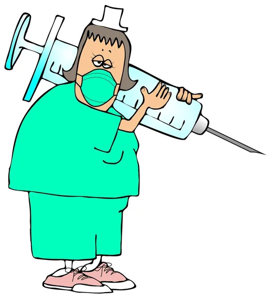 Illustration of a nurse wearing scrubs and a face mask carrying a giant syringe on her shoulder.