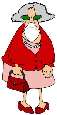 Pembe giyinmiş yaşlı bir kadının tasviri. Elinde çanta ve maske vardı..