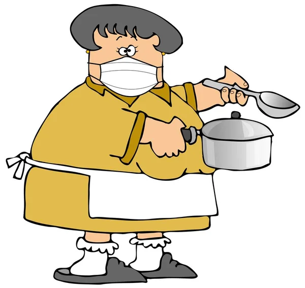 Illustration Woman Stirring Cooking Pot While Wearing Face Mask — Stock Photo, Image