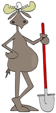 Sert bir şapka takan ve küreğe yaslanan boğa geyiği tasviri.