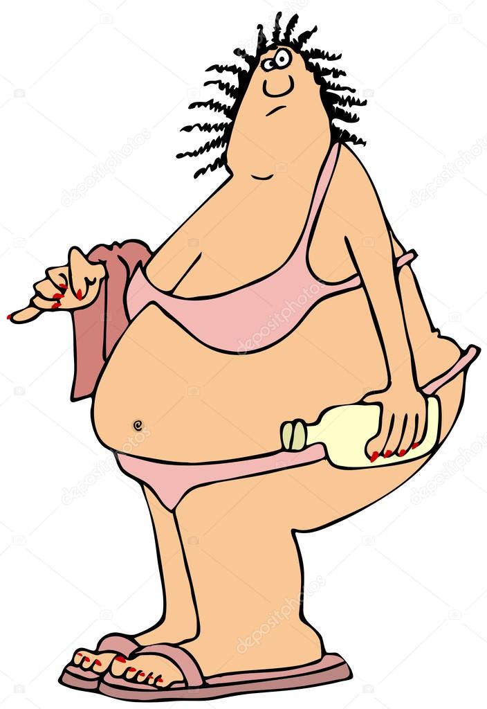 Fat woman in a pink bikini