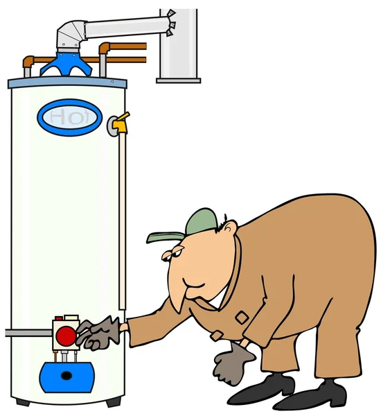 Водопроводчик проверяет газовый водонагреватель — стоковое фото