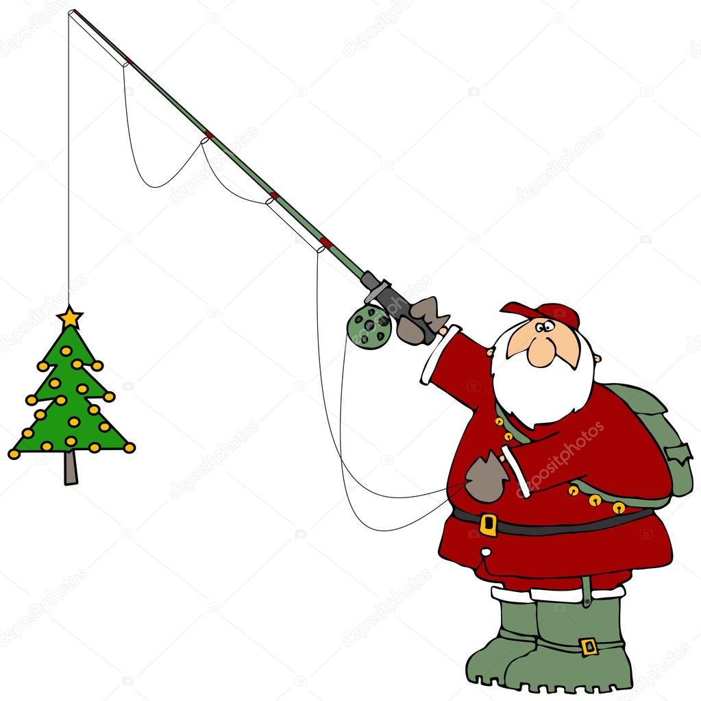 This illustration depicts Santa Claus in boots and holding a fishing pole with a small decorated tree on the line — Foto von caraman
