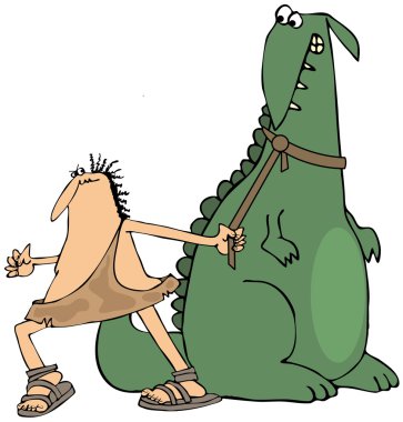 Bir dinozor çekerek mağara adamı