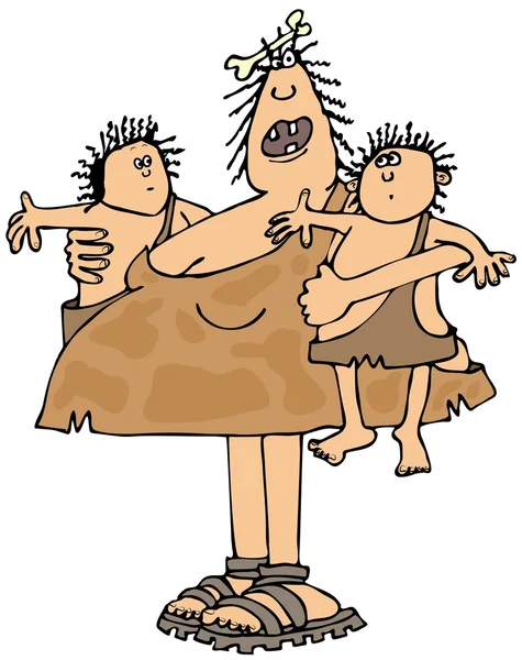 Cavewoman holding two kids — Stock Photo, Image