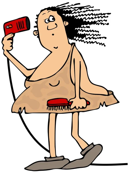 Cave woman blow drying her hair — Stock Photo, Image