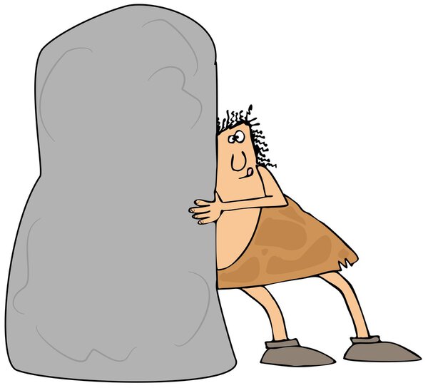 Caveman pushing a large boulder