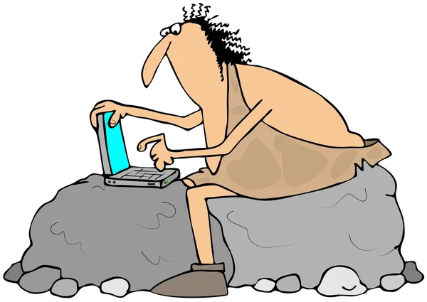 Caveman using a laptop computer — Stock Photo, Image