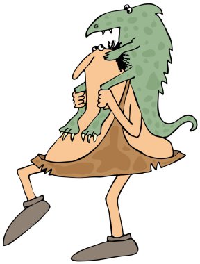 Bir dinozor taşıyan mağara adamı