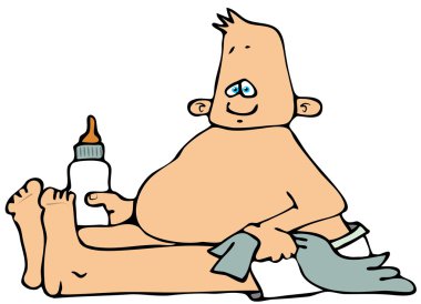 Bir şişe ile oturan erkek bebek