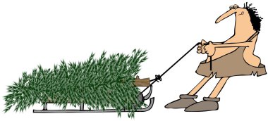 Bir Noel ağacı çekerek mağara adamı