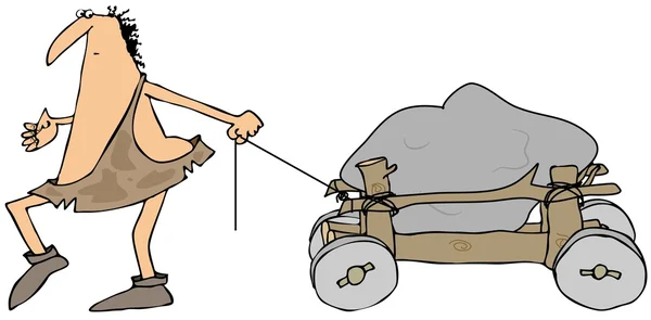 Caveman pulling a wooden cart — Stock Photo, Image
