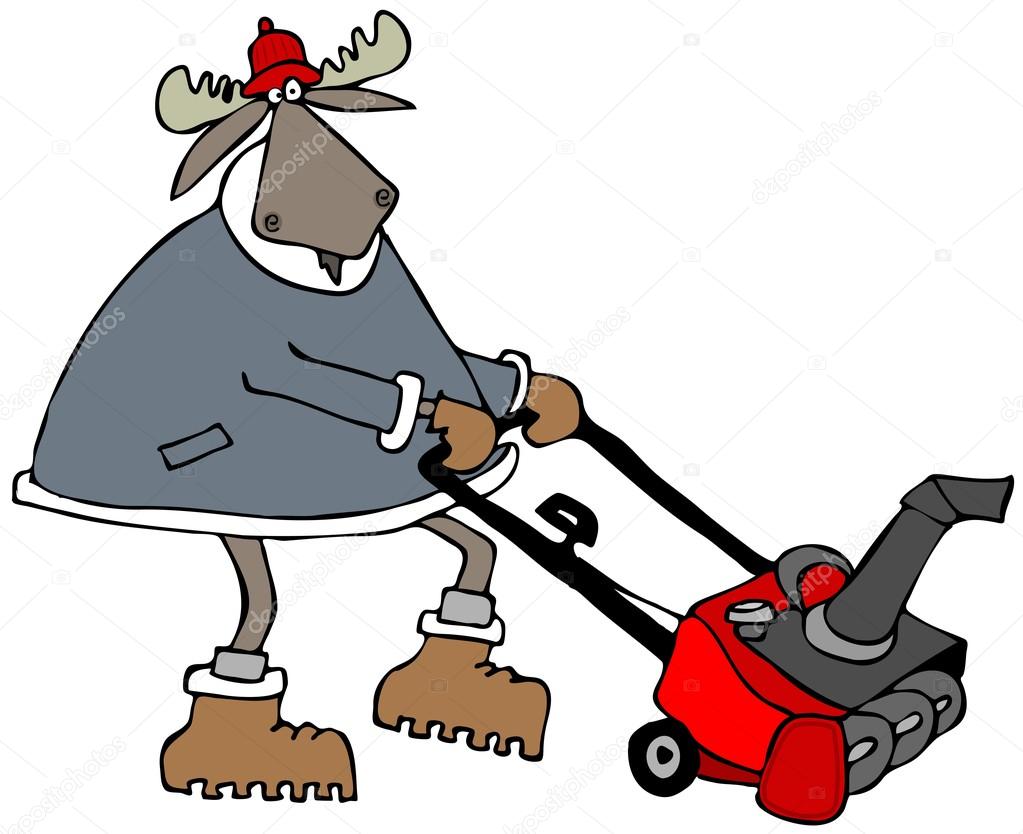 Images snowblower cartoon Bull moose using a snowblower — Stock