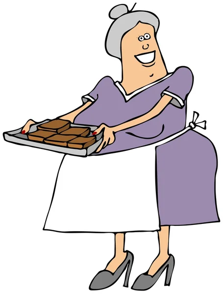 Старушка с подносом пирожных — стоковое фото