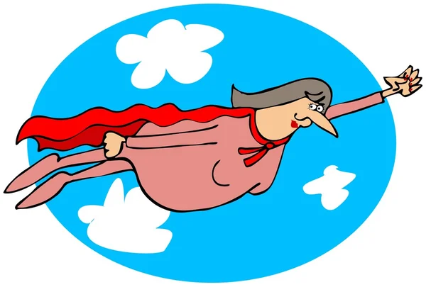 Lady hero flying in the clouds — Stock Photo, Image