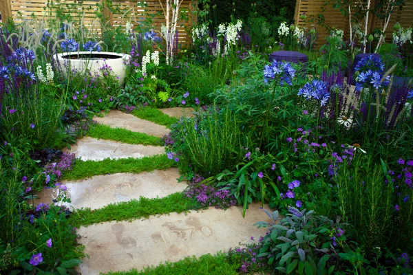 Tranquil garden landscape with patio area