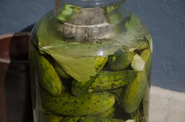 Pepinos en escabeche en un frasco grande — Foto de Stock