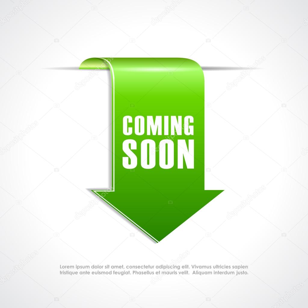 Coming soon green arrow ribbon isolated on white background