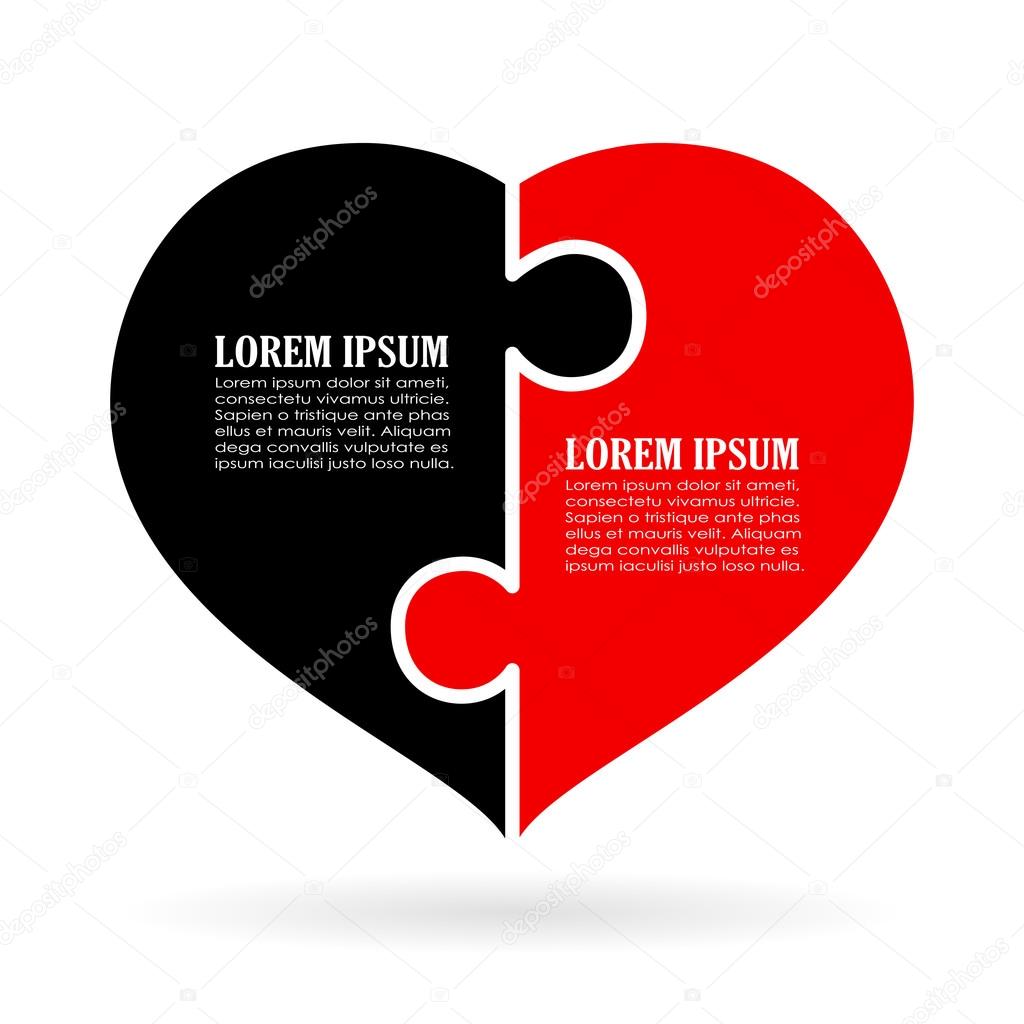 Red and black two part heart diagram vector illustration isolated on white background