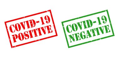 Covid-19 pozitif ve negatif pullar, beyaz arkaplanda vektör çizimi