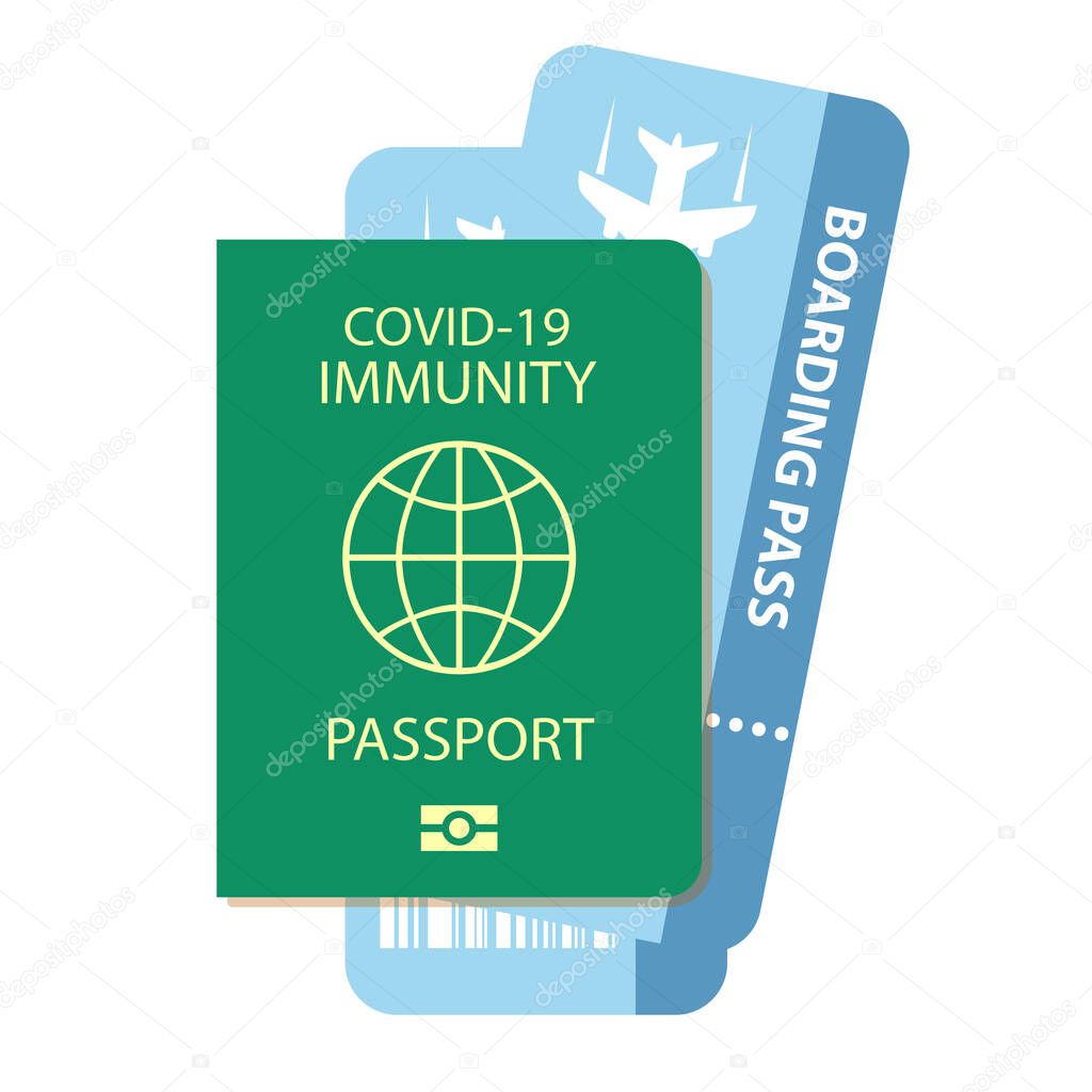 Immunity passport and plane tickets icon, traveling concept during covid-19 pandemic