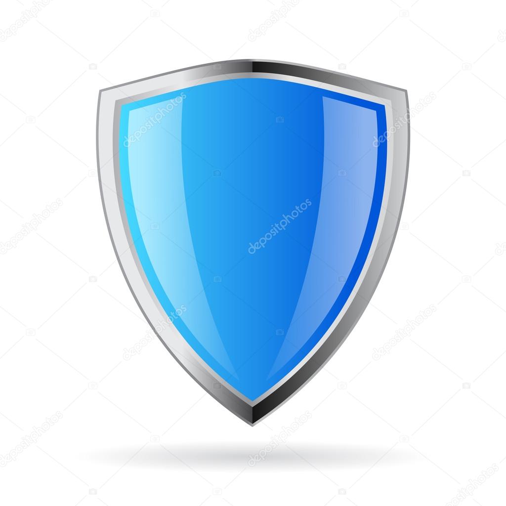 Blue glass shield icon isolated on white background