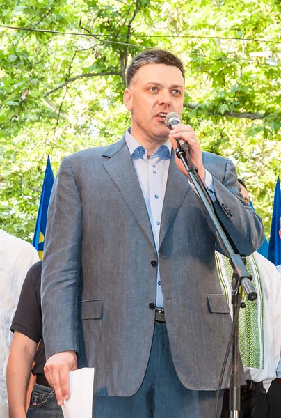 Ukrainian politician Oleh Tyahnybok delivers a speech