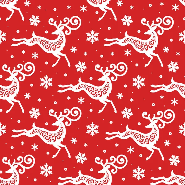 Різдвяний безшовний візерунок з оленями на червоному тлі. Векторні — стоковий вектор