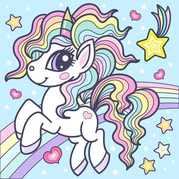 Un piccolo cartone animato unicorno galoppa su un arcobaleno. Illustrazione per bambini. Vettore — Vettoriale Stock