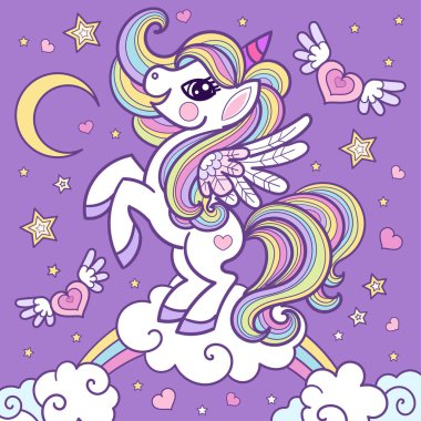 Gökkuşağında dans eden tek boynuzlu at çizgi filmi. Sevimli fantastik hayvan. Çocuk tasarımı baskılar, posterler, kartlar, çıkartmalar, rozetler. Vektör