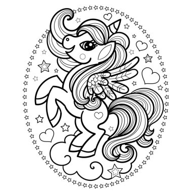 Buluttaki tek boynuzlu at. Sihirli hayvan. Siyah ve beyaz, tek renkli. Vektör