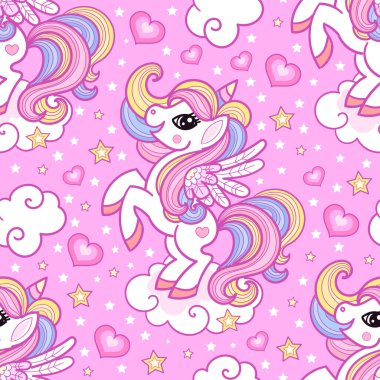 Kusursuz desen ve pembe arka planda beyaz tek boynuzlu atlar. Vektör.