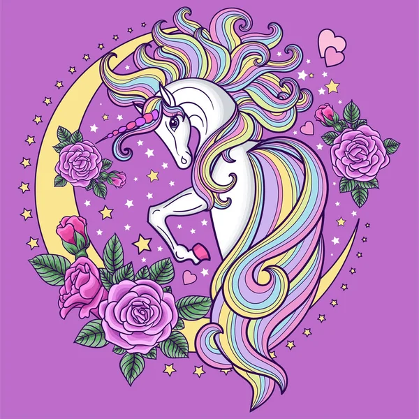 Beautiful White Unicorn Roses Crescent Moon Fantastic Animal Cute Girly — Stock Vector