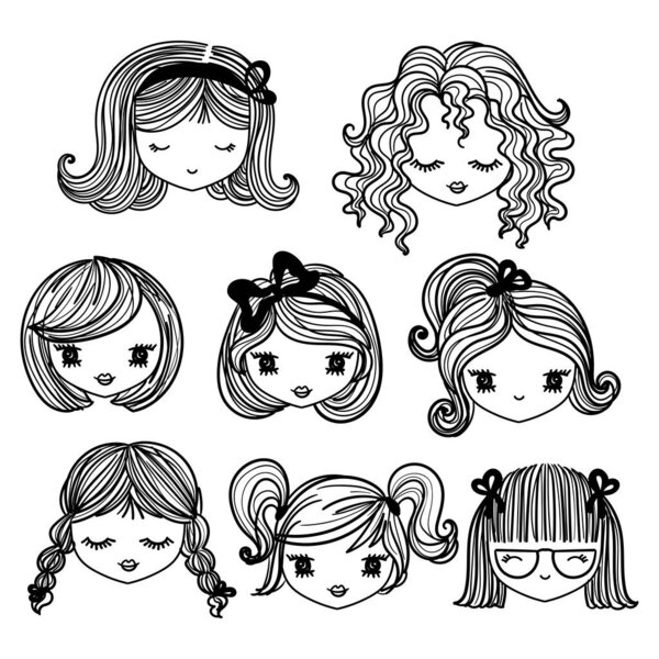 Девчачьи лица. Скучный стиль. Вектор