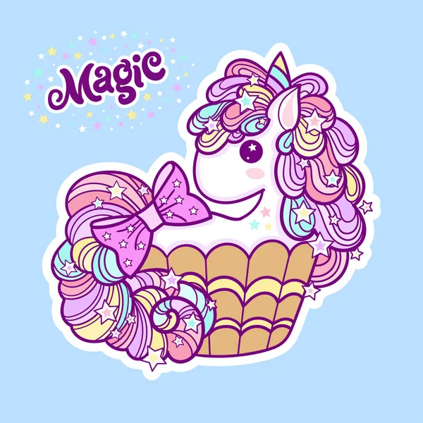 Cute Unicorn Cupcake Blue Background Kawaii Child Drawing Text Magic — Stock Vector