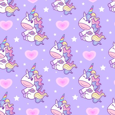 Pembe arka planda tek boynuzlu at deseni var. Vektör