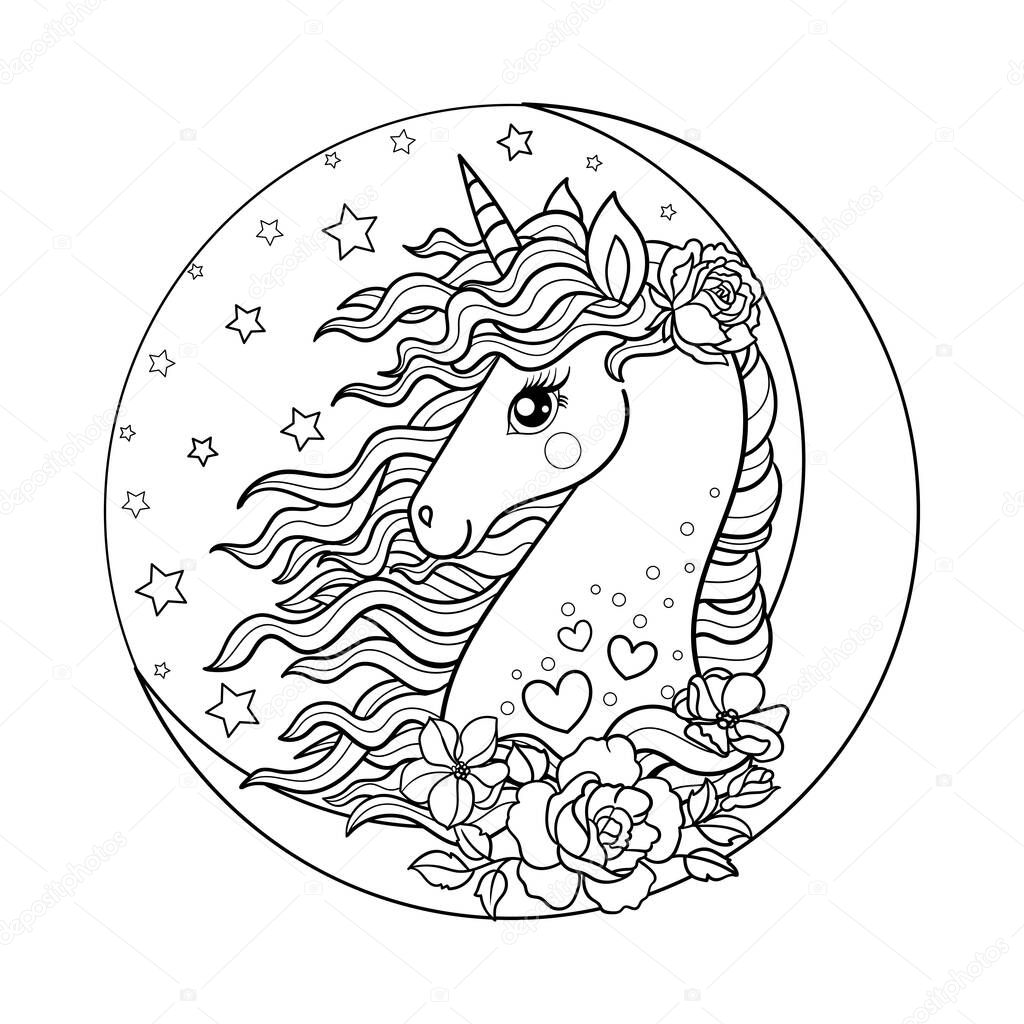 Beautiful unicorn with flowers and moon. Black and white image for coloring. Vector